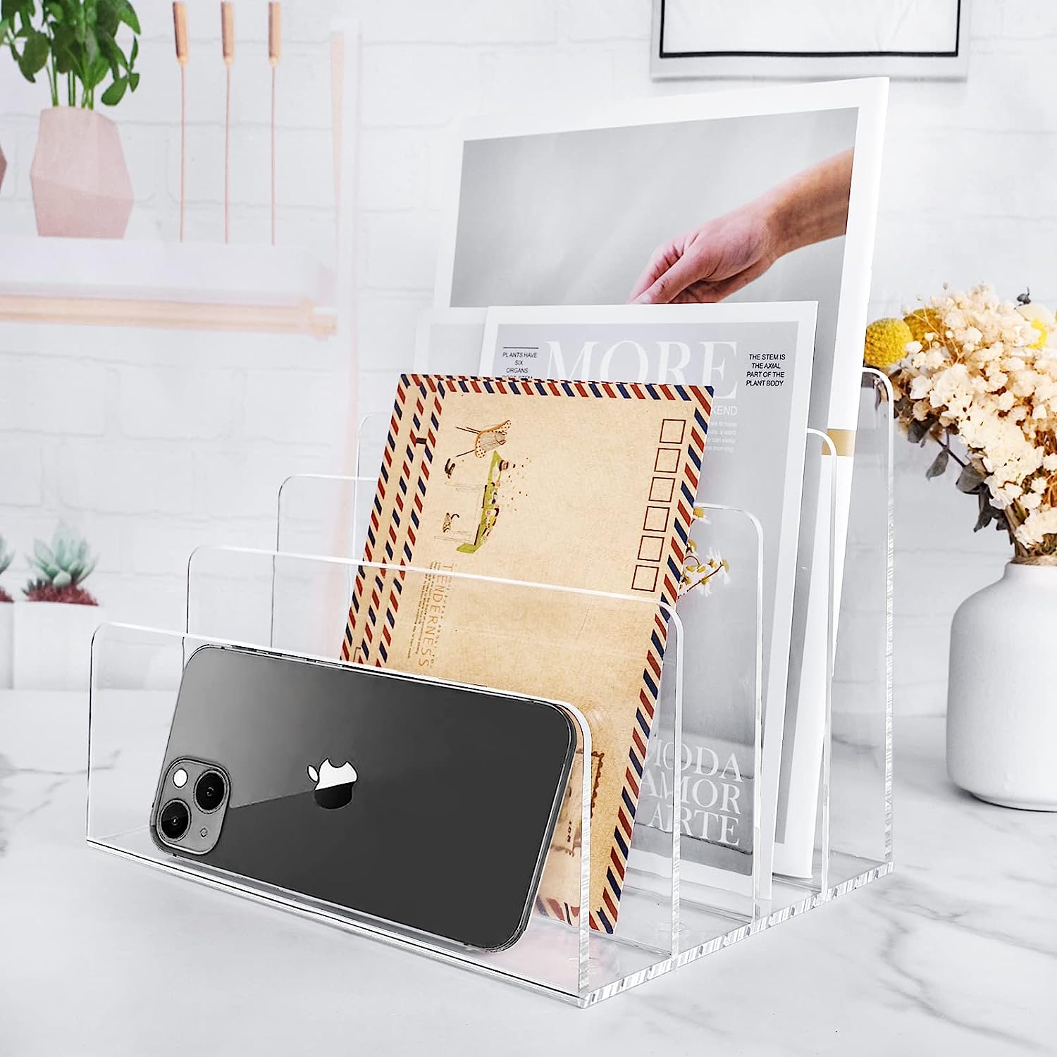 4 Section Acrylic File Organizer, Clear Acrylic Desk Organizer and Accessories, Sturdy Acrylic File Folder Holder Sorter, Office Supplies for Mail Letter Paper Electronic Notebook - Image 6